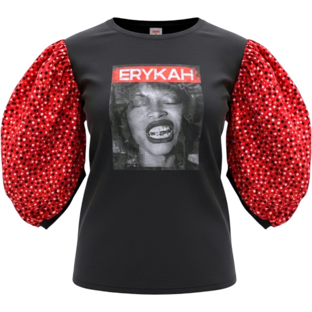 Erykah Badu Upcycled Graphic T-Shirt Red Polka Dot Puff Sleeve Black Top Large